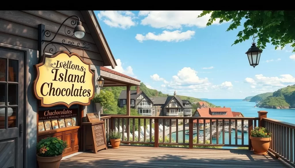 Generate an image of a charming chocolate shop with a sign reading "Island Chocolates" and a deck overlooking the village.