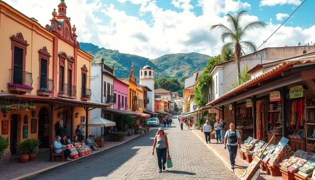 Generate an image of a charming town along the Ruta de las Flores with colonial architecture and artisan markets.