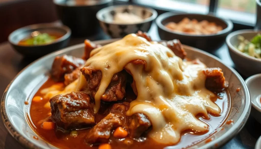 Generate an image of a cheese-covered galbi jjim (braised short rib stew) at Sun Nong Dan.