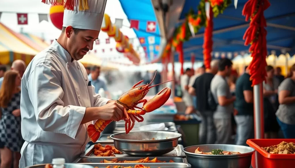 Generate an image of a chef preparing lobster at the PEI International Shellfish Festival.