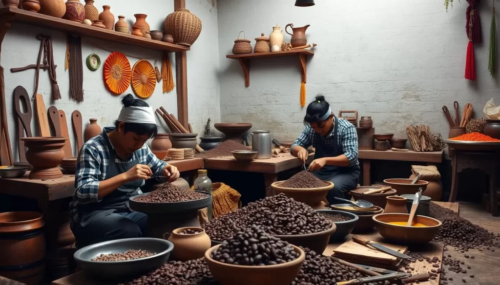 Generate an image of a chocolate making workshop in Antigua, Guatemala
