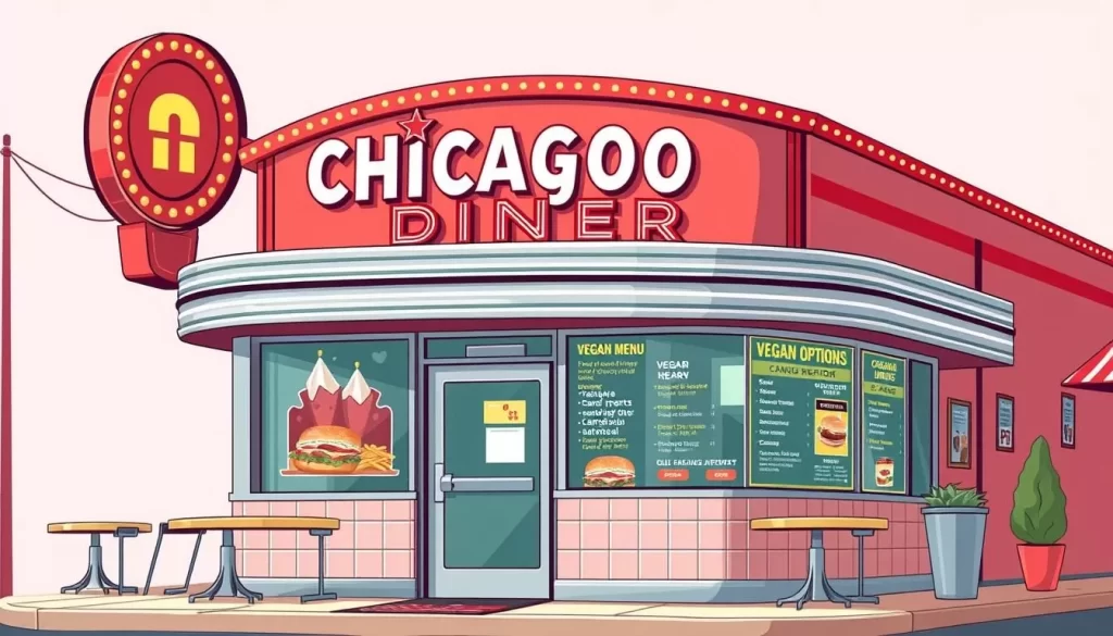 Generate an image of a classic American diner with a sign reading "Chicago Diner" and a menu board featuring vegan options.