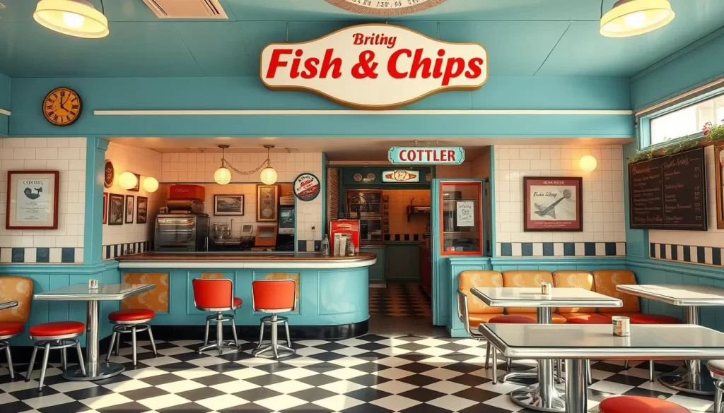 Generate an image of a classic British fish and chips shop with a retro 1950s diner theme.