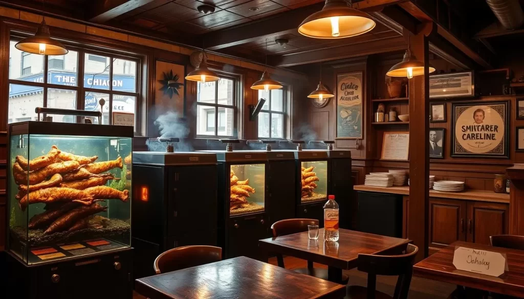 Generate an image of a classic Chicago barbecue joint with aquarium smokers in the background.