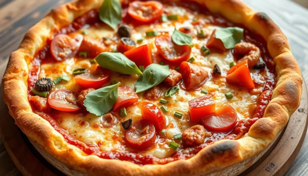Generate an image of a classic Chicago deep dish pizza with a thick crust and thick layers of cheese, meats, and vegetables.