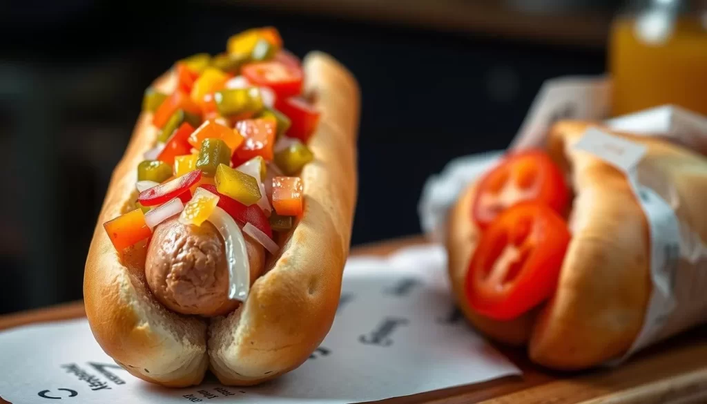 Generate an image of a classic Chicago-style hot dog with all the toppings.