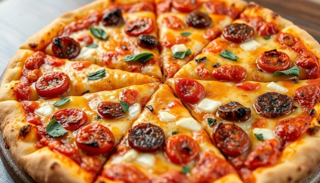 Generate an image of a classic Chicago tavern-style pizza with a thin crust and square-cut pieces.