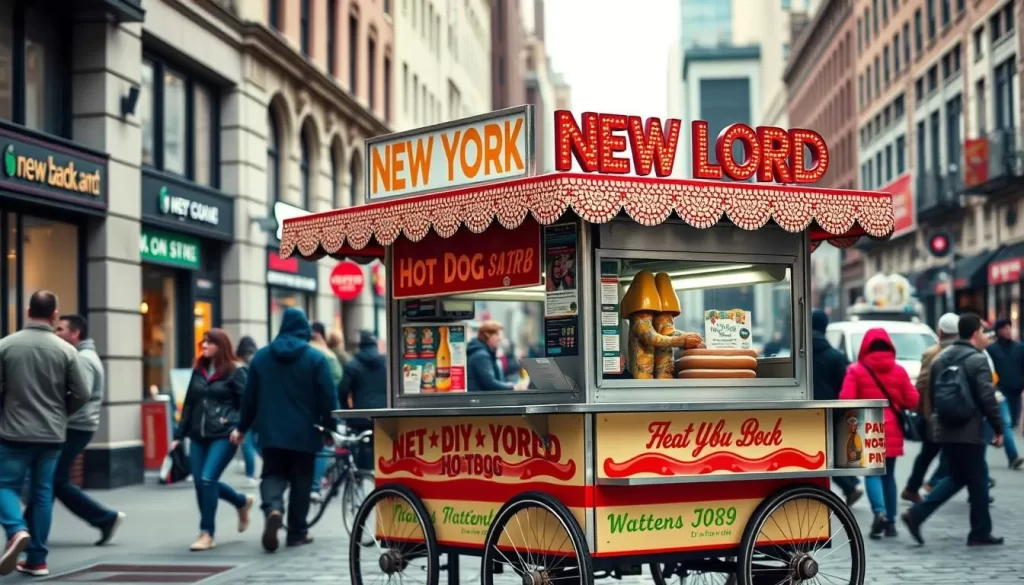 Generate an image of a classic New York hot dog cart.