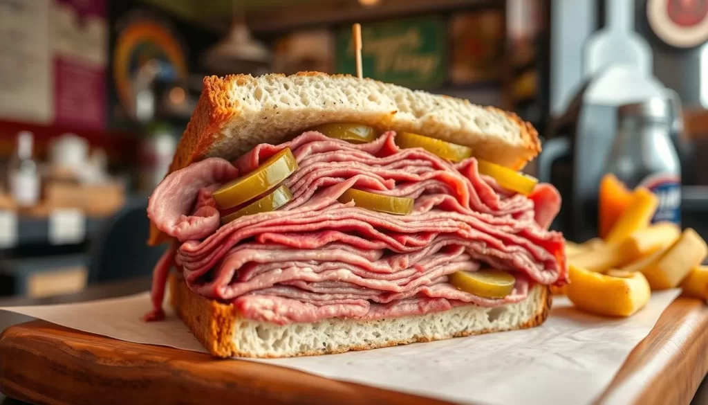 Generate an image of a classic pastrami sandwich at 2nd Ave Deli.