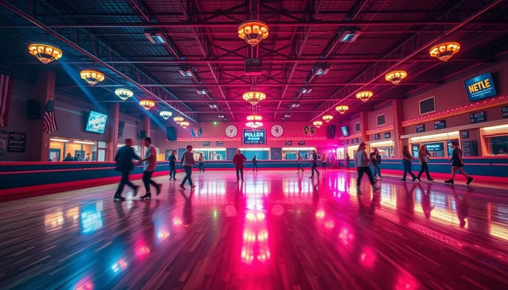 Generate an image of a classic roller rink with vibrant lights and retro music.