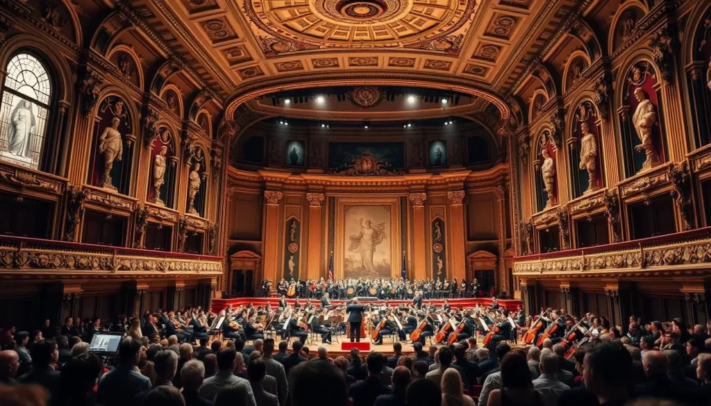 Generate an image of a classical music concert hall with an orchestra performing.