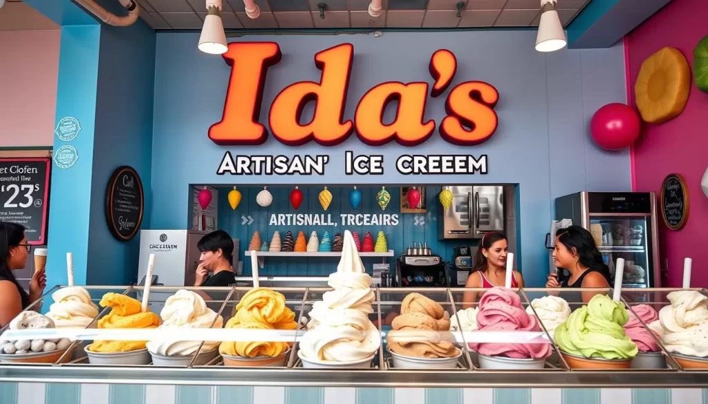 Generate an image of a colorful and vibrant ice cream shop, showcasing Ida's Artisan Ice Cream's diverse flavors and vegan options.