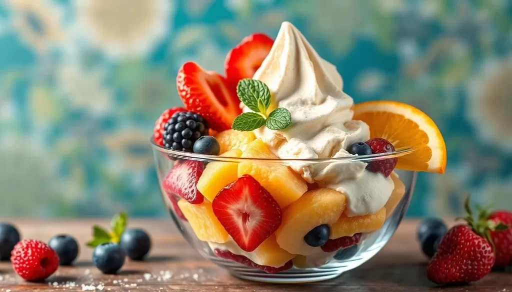 Generate an image of a colorful and vibrant seasonal ice cream bowl from Antico Nuovo, featuring fresh fruits.