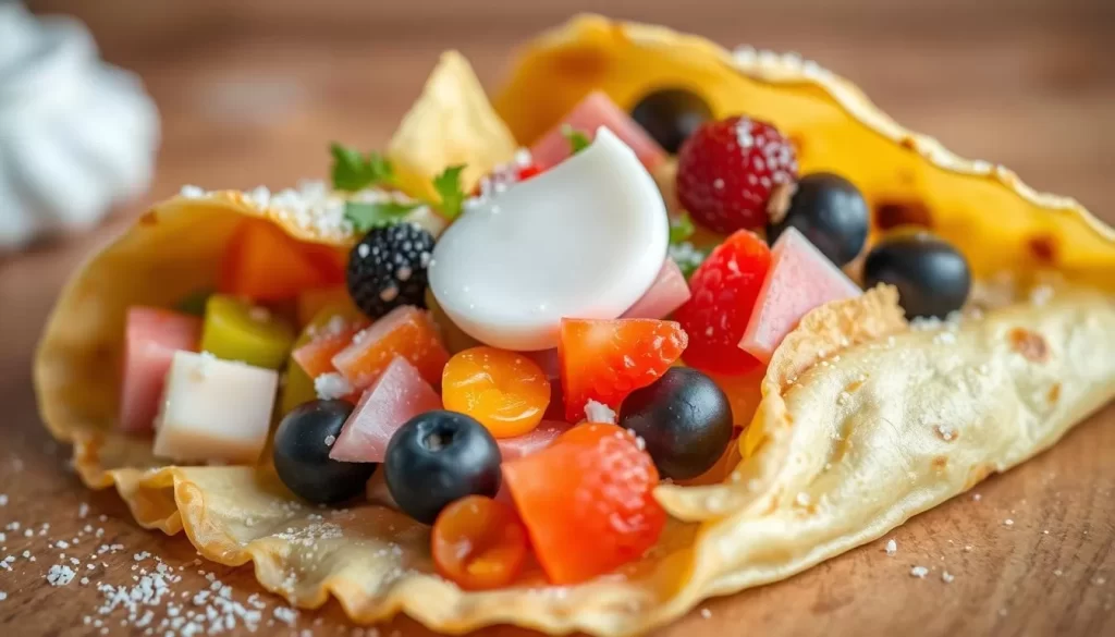 Generate an image of a colorful crepe with various fillings.