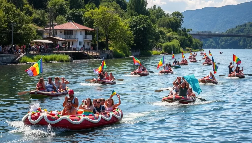 Generate an image of a colorful flotilla on the Ibar River in Kraljevo, with people enjoying themselves on boats and along the riverbanks.