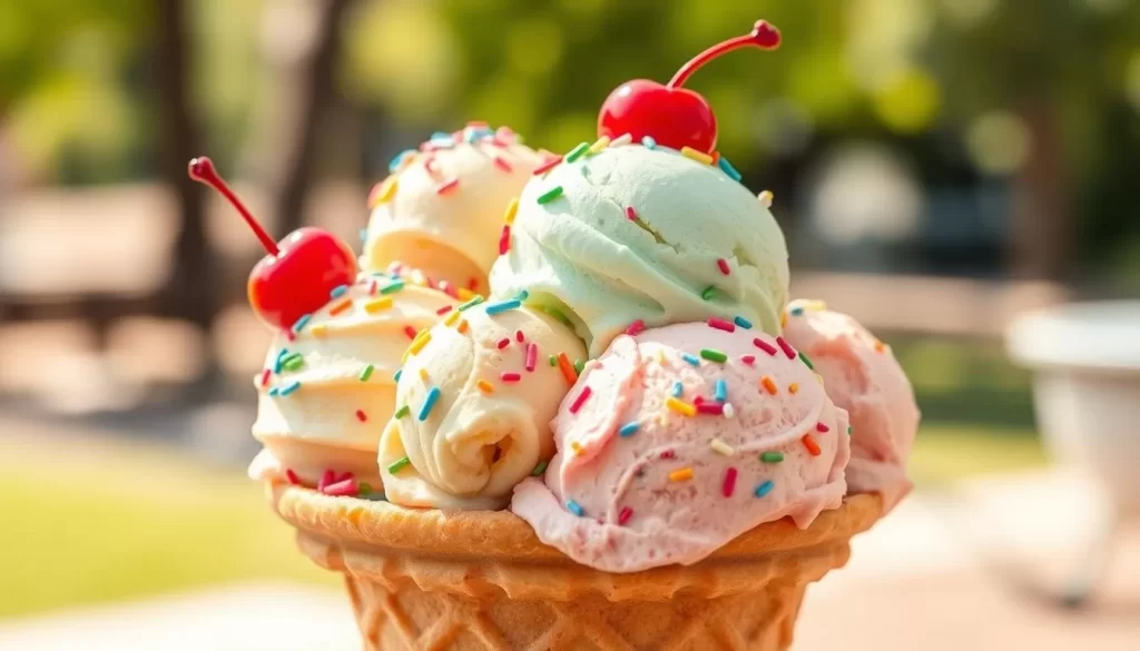 Generate an image of a colorful ice cream cone with multiple scoops.