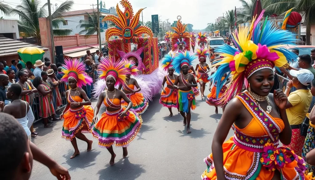 Generate an image of a colorful parade during the Mombasa Carnival