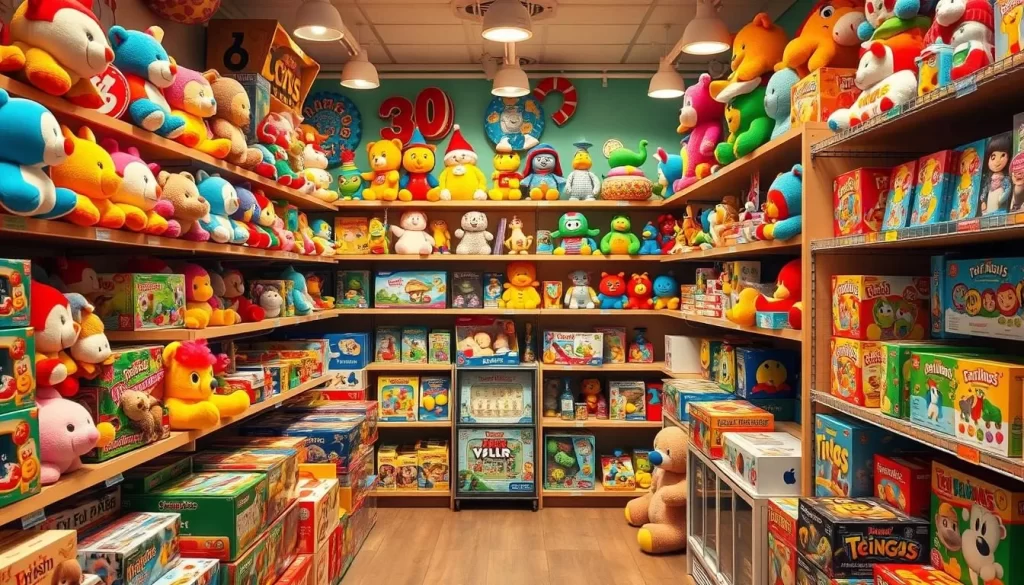 Generate an image of a colorful toy store with various toys and games on display.