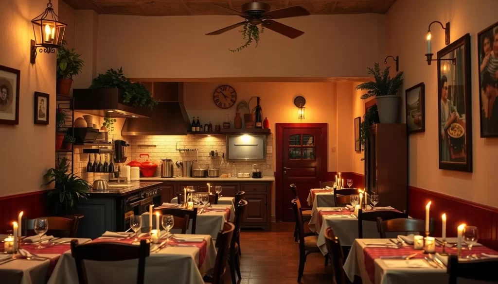 Generate an image of a cozy Italian restaurant with a bustling open kitchen, simple dining room, and candlelit tables.