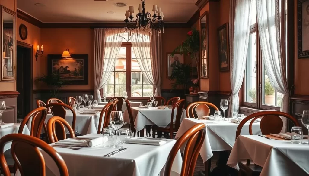 Generate an image of a cozy Italian restaurant with bentwood chairs, white-linen-covered tables, and net curtains.