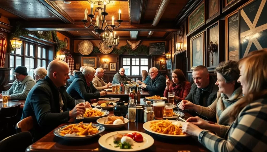 Generate an image of a cozy, Scottish-themed pub with patrons enjoying traditional Scottish cuisine.