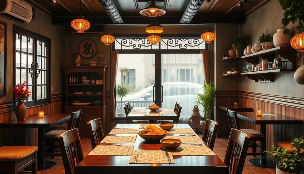 Generate an image of a cozy Vietnamese restaurant with a warm atmosphere, featuring traditional decor and a family-run kitchen.