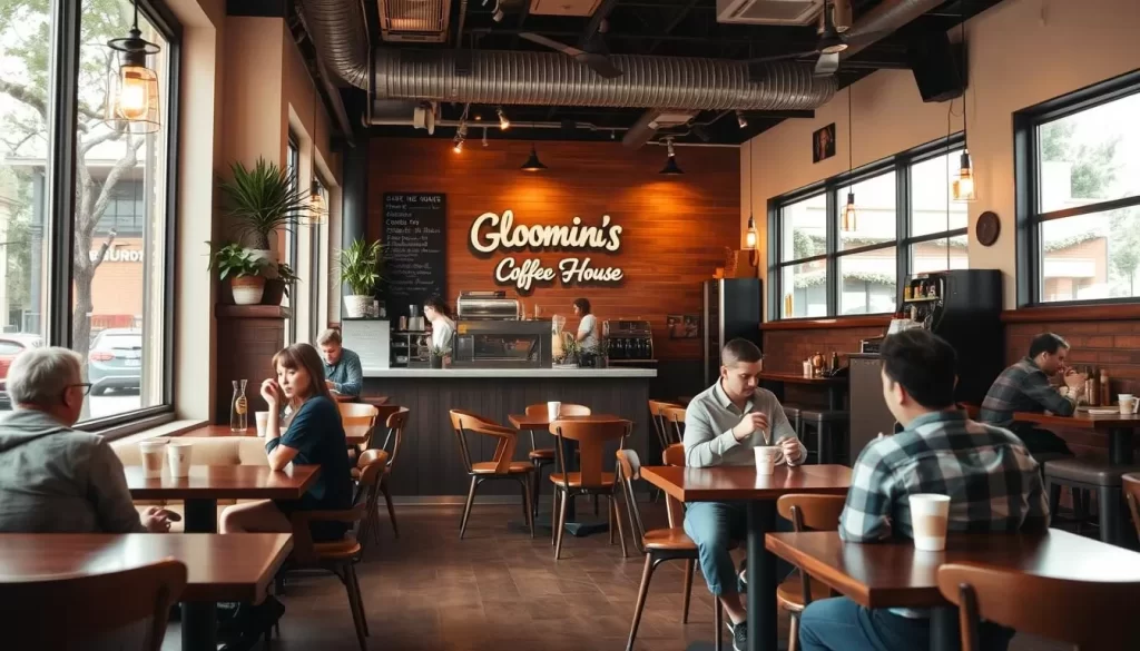 Generate an image of a cozy coffee shop scene at Blooming Grounds Coffee House.