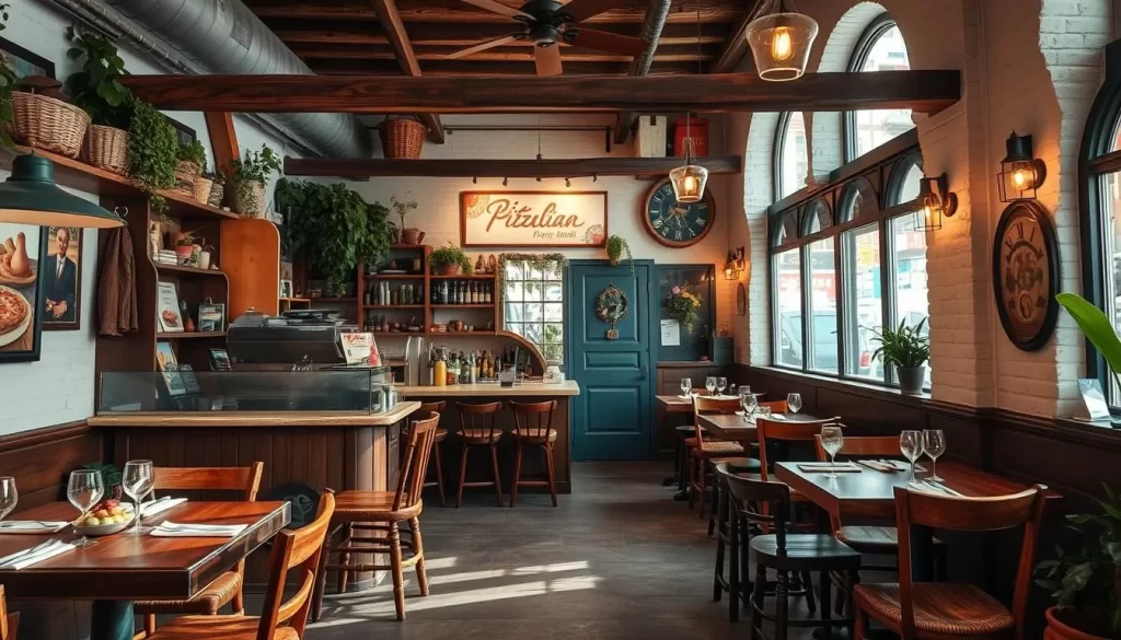 Generate an image of a cozy, rustic Italian pizzeria in Venice, California, with a warm atmosphere.
