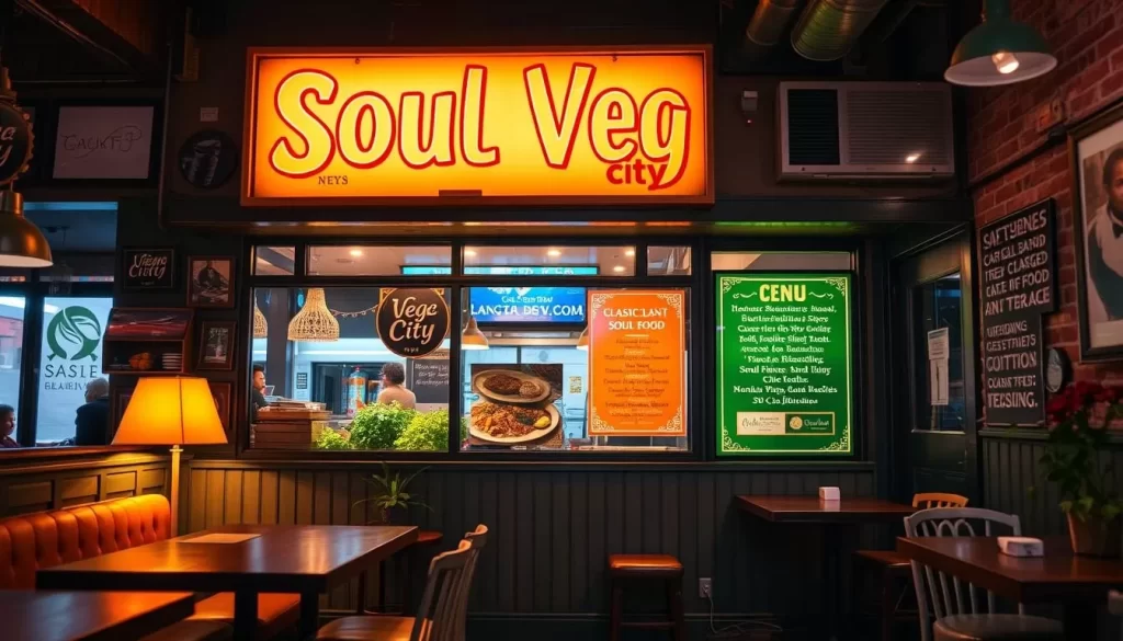 Generate an image of a cozy, soul food restaurant with a sign reading "Soul Veg City" and a menu featuring plant-based soul food classics.