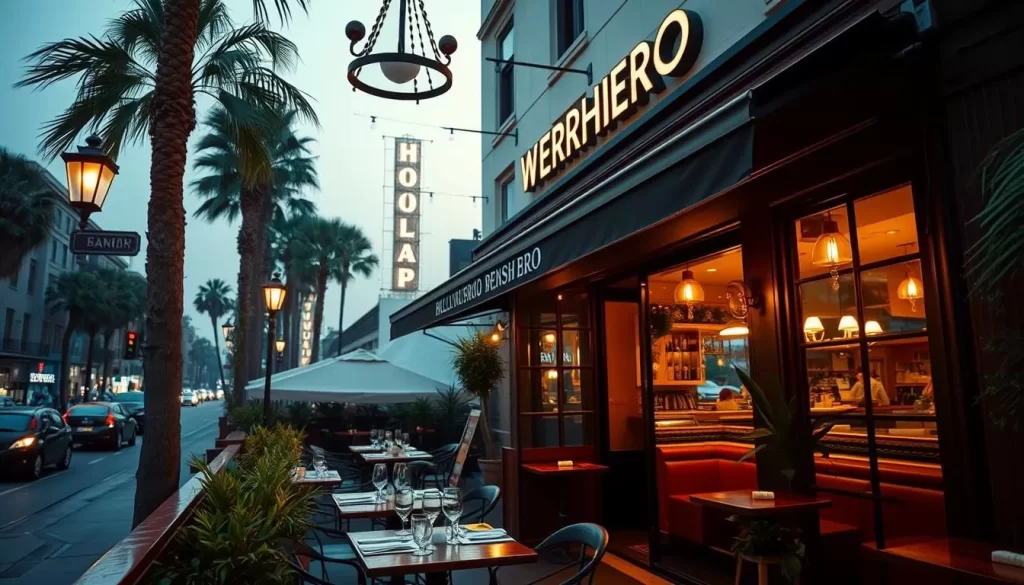 Generate an image of a cozy, upscale French bistro in Hollywood with a warm ambiance.