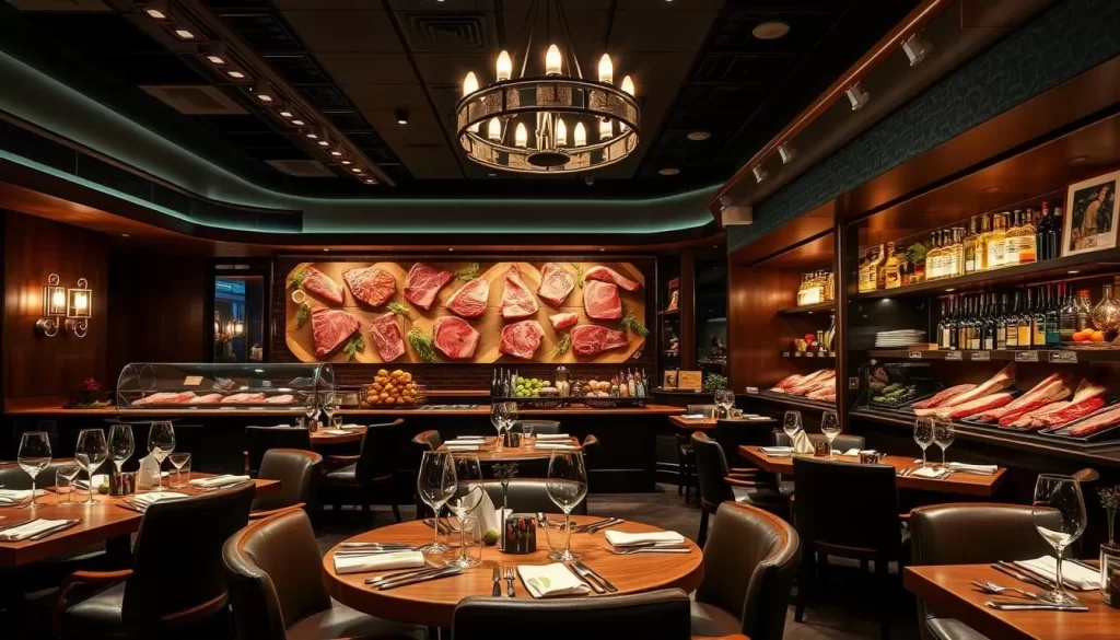 Generate an image of a cozy, upscale steakhouse interior with a focus on high-quality meat cuts.