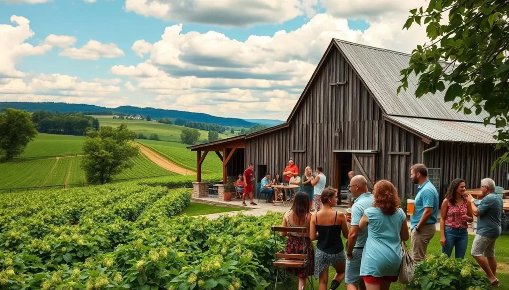 Generate an image of a craft brewery with a hop farm in the background, featuring a rustic barn and people enjoying beer.