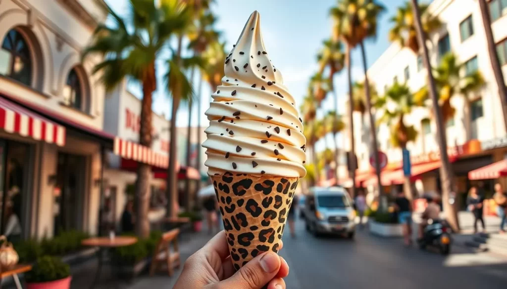 Generate an image of a creamy Leopardo soft serve cone on a sunny LA street.
