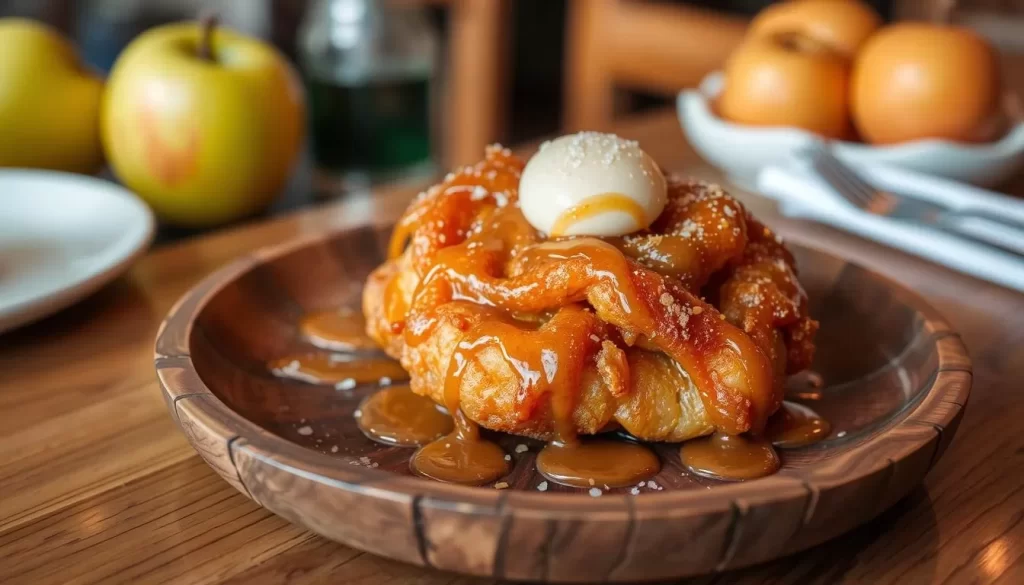 Generate an image of a crispy apple fritter topped with a sweet glaze, served on a rustic wooden plate at Bar Monette in Santa Monica.