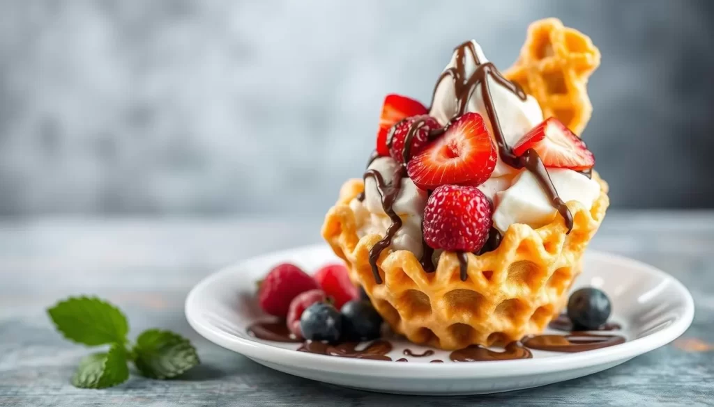 Generate an image of a crispy egg waffle cone filled with ice cream, fresh fruits, and chocolate sauce.