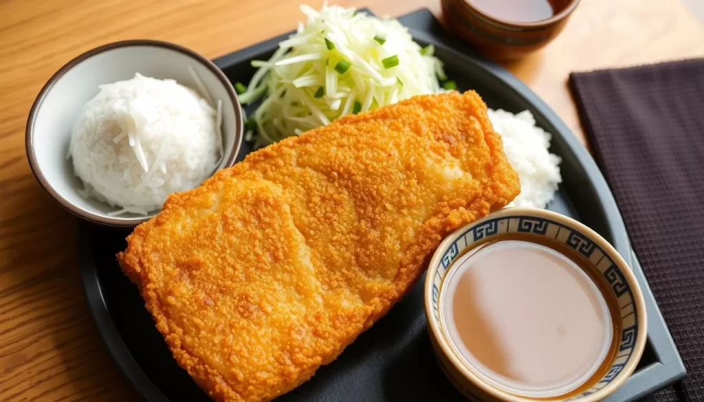 Generate an image of a crispy katsu cutlet served with shredded cabbage, a bowl of rice, and miso soup.