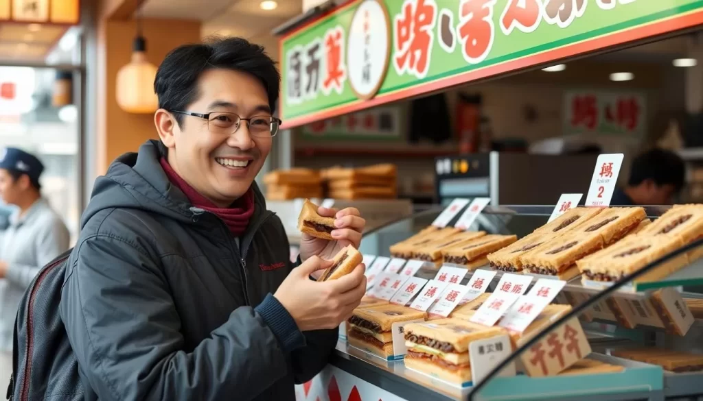 Generate an image of a customer sampling raisin sandwiches at Budoya Kofu's store.