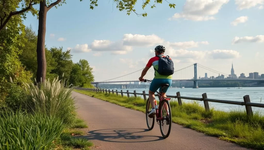 Generate an image of a cyclist riding along the Hudson River Greenway in New York City.