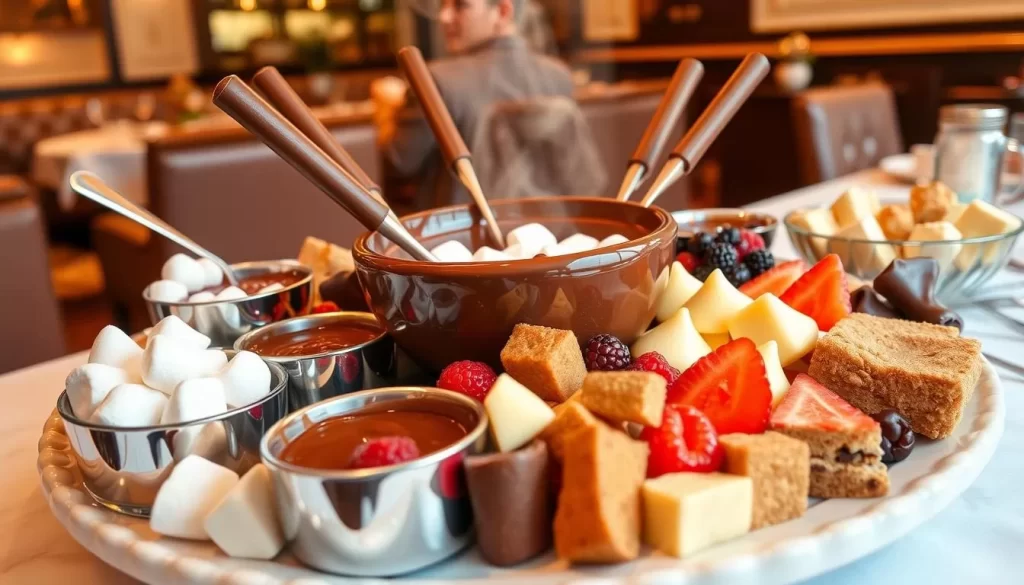 Generate an image of a decadent chocolate fondue experience at Geja's Café, with assorted dipping options like fresh fruits, marshmallows, and cake.