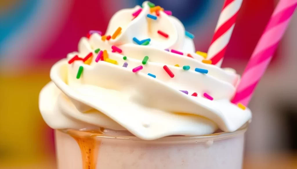 Generate an image of a decadent milkshake from JoJo's Shake Bar, topped with whipped cream and colorful sprinkles.