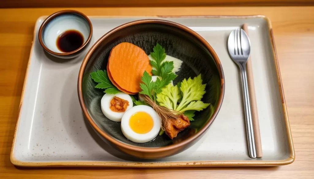 Generate an image of a delicately presented kaiseki dish with handcrafted ceramics.