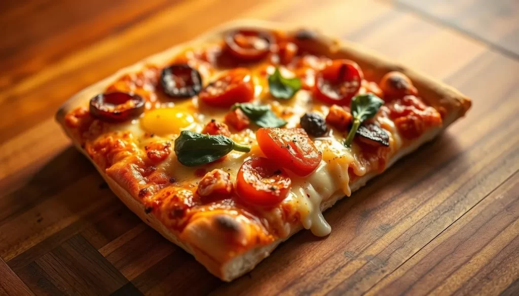 Generate an image of a delicious New York-style pizza slice from Prime Pizza.