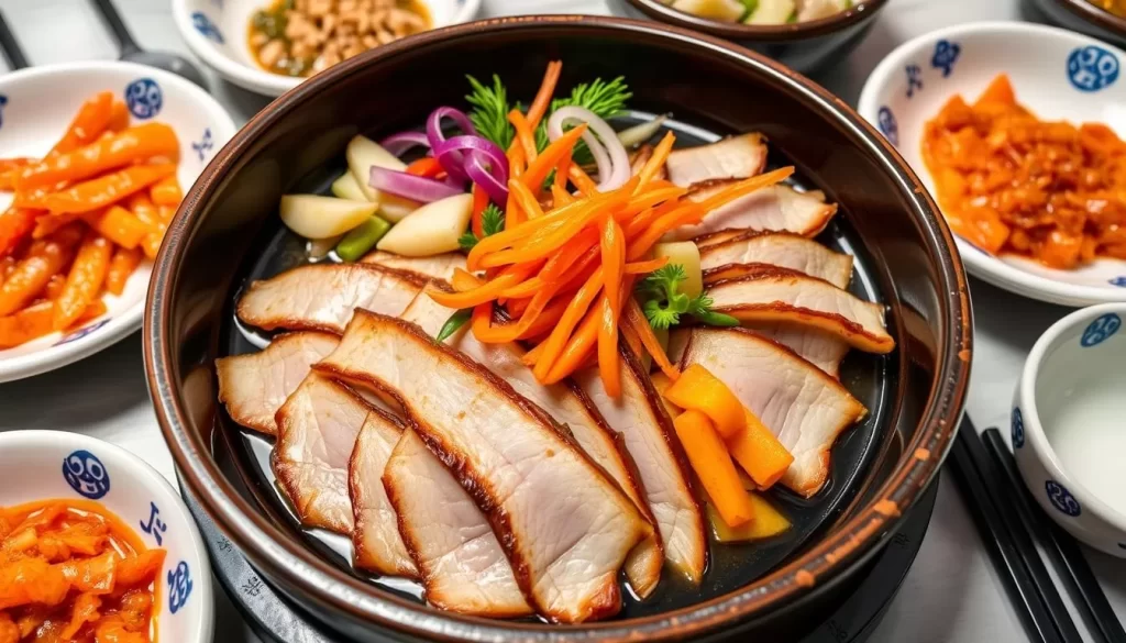Generate an image of a delicious bossam dish at Kobawoo House, featuring sliced pork belly, pickled vegetables, and kimchi.
