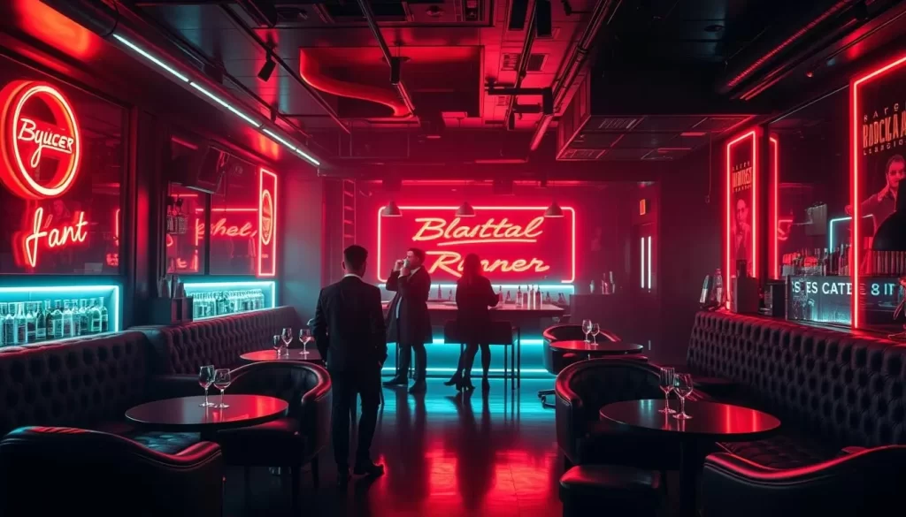 Generate an image of a dimly lit cocktail lounge with a Blade Runner-inspired decor.