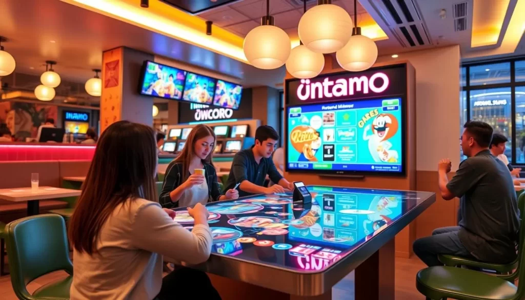 Generate an image of a diner at Inamo using the interactive table to order and play games.