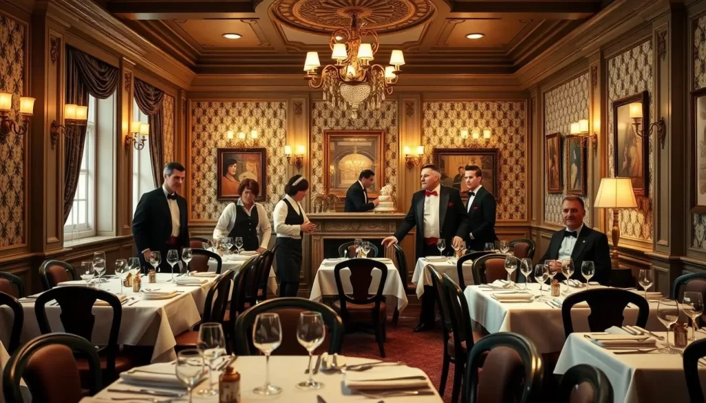 Generate an image of a dining area themed after the TV show Faulty Towers, with actors dressed as characters from the show.