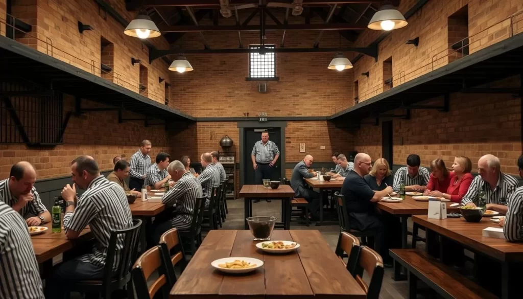 Generate an image of a dining area within a historic prison setting, with inmates in uniform serving customers.