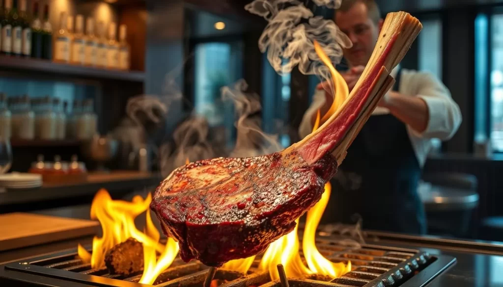 Generate an image of a dry-aged tomahawk steak being expertly grilled at a modern steakhouse.