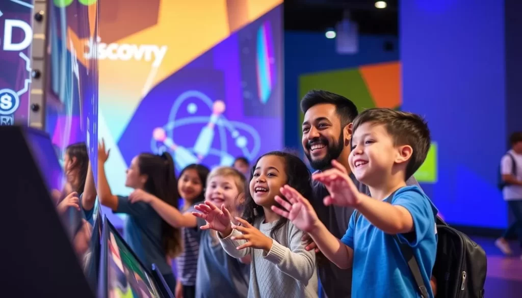 Generate an image of a family enjoying interactive science exhibits at the Discovery Cube Orange County.