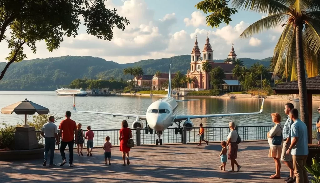 Generate an image of a family-friendly lakeside promenade with a stationary 737 airplane and models of Nicaragua's iconic churches.